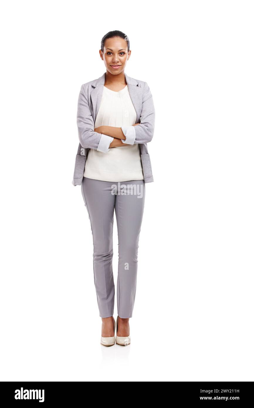 Portrait, woman and pride in studio with white background for fashion ...