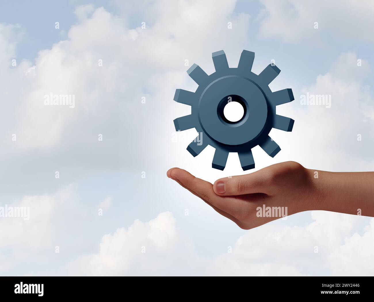 Business Workflow And Automation as a hand holding a cog representing a manager or management optimization concept as a problem solver and troubleshoo Stock Photo