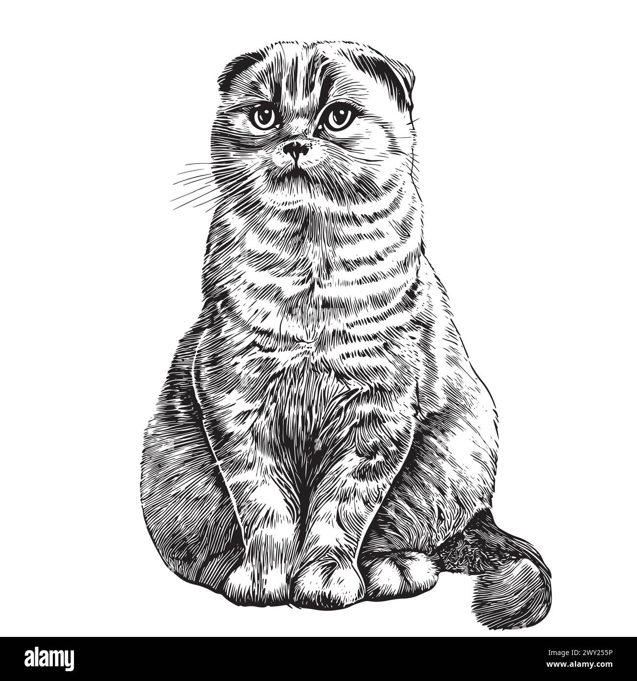 Scottish fold cat portrait sketch hand drawn sketch, engraving style vector illustration. Stock Vector