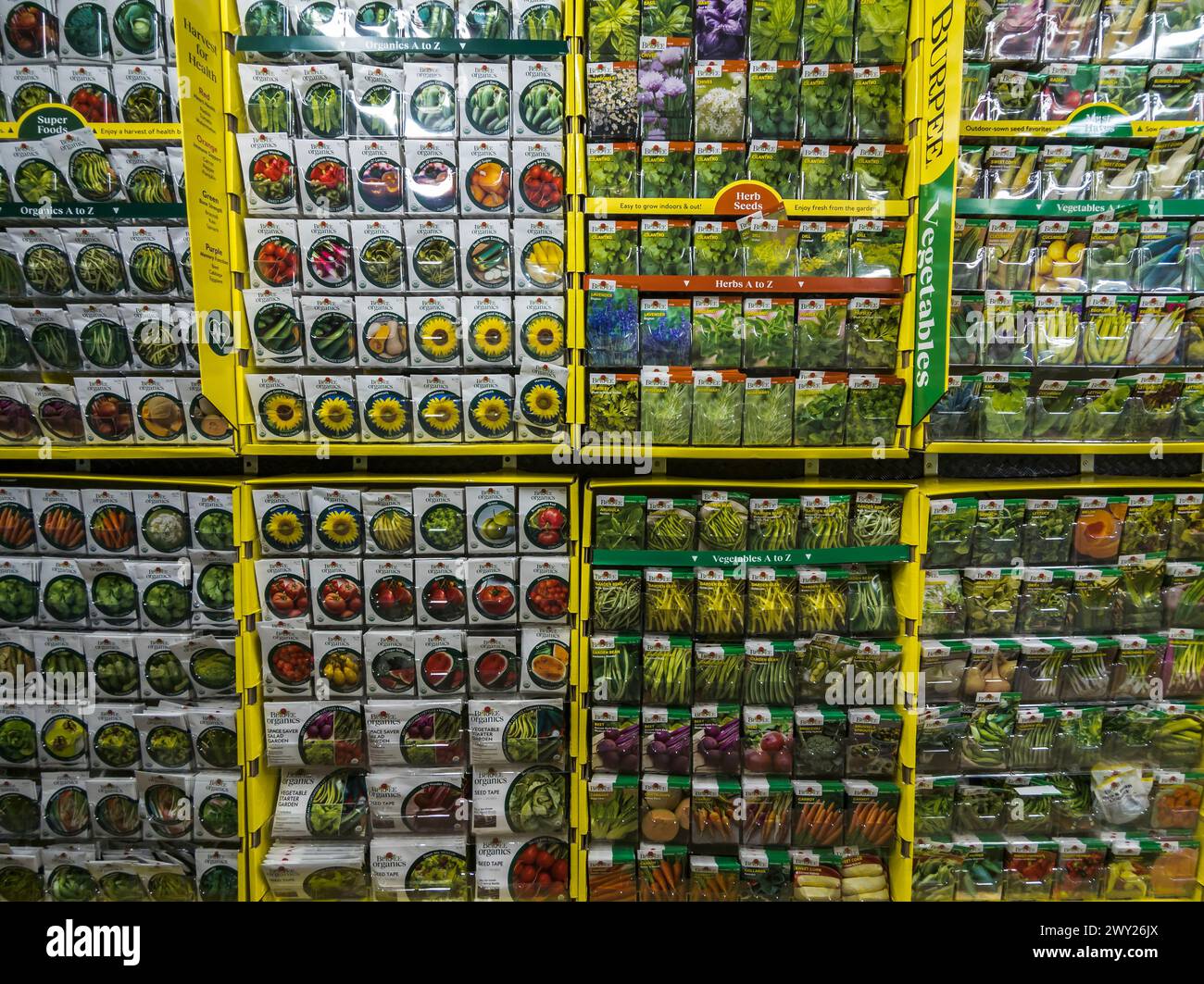 Burpee brand flower and vegetable seed packets on sale in a home goods store in New York on Tuesday, March 26, 2024. (© Richard B. Levine) Stock Photo