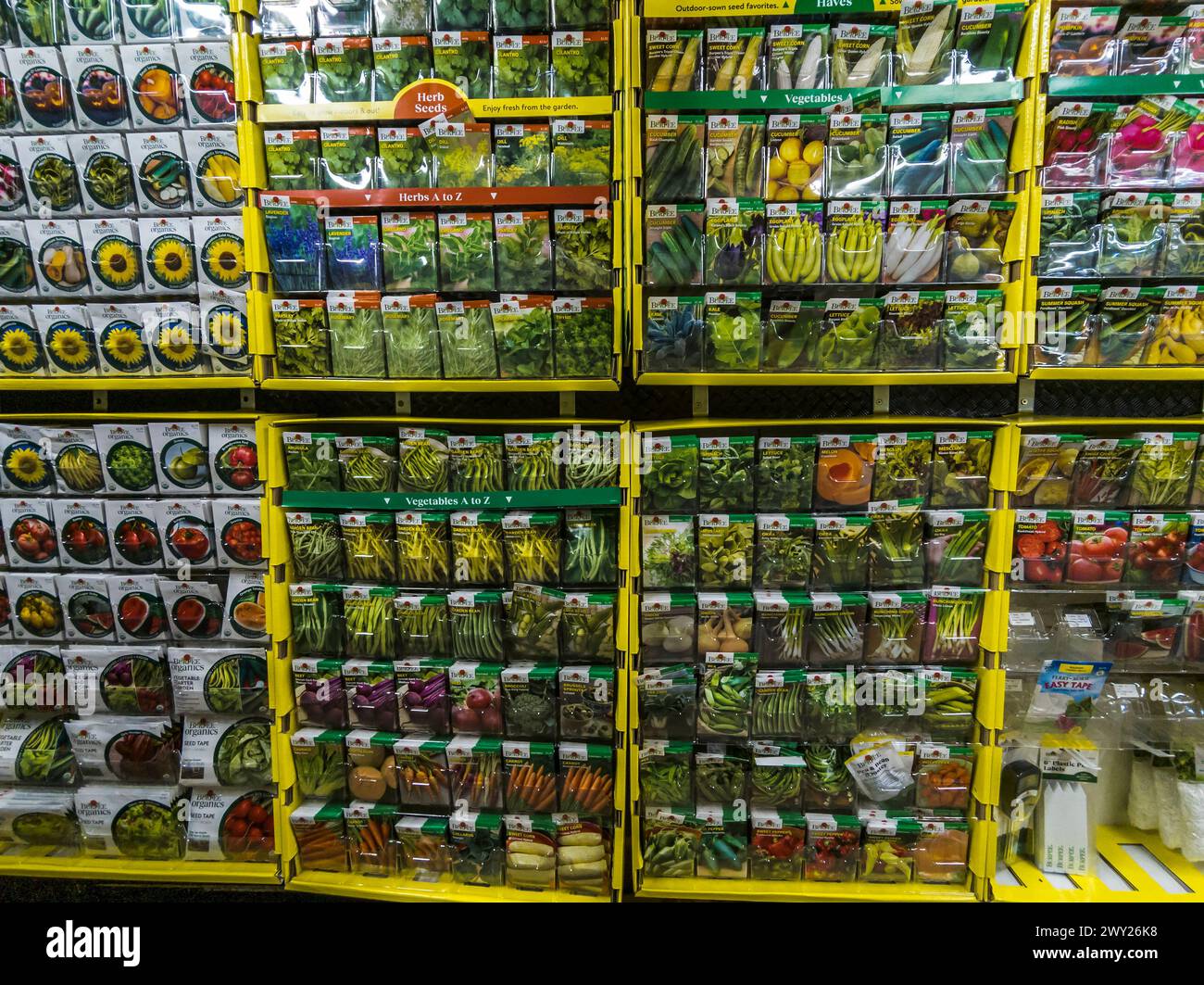 Burpee brand flower and vegetable seed packets on sale in a home goods store in New York on Tuesday, March 26, 2024. (© Richard B. Levine) Stock Photo