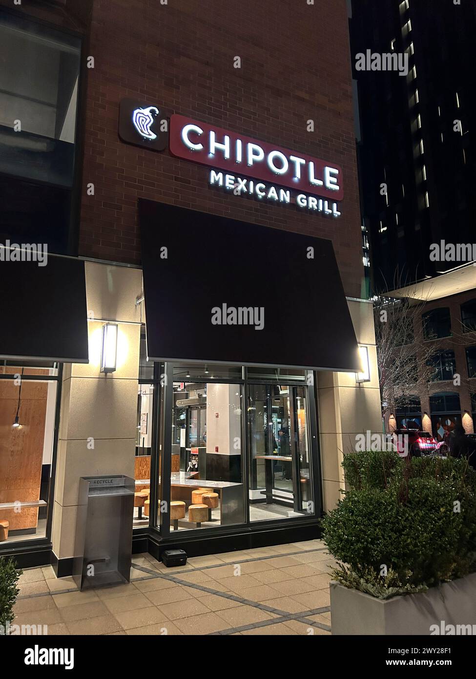 Chipotle Mexican Grill, exterior view at night, Cambridge, Massachusetts, USA Stock Photo