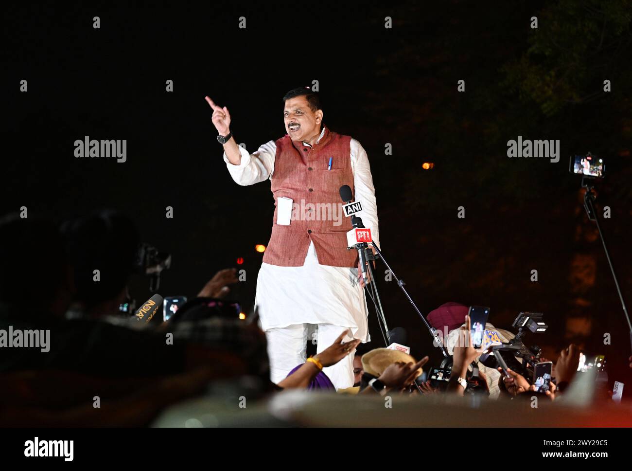 NEW DELHI, INDIA - APRIL 3: AAP MP Sanjay Singh waves to the crowd ...