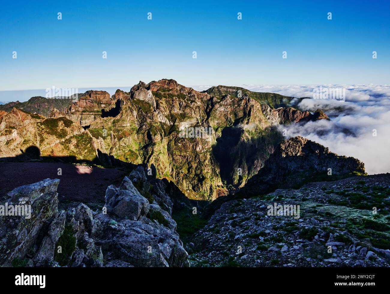 View from the top of PR1 trail,  Pico do Arierio To Pico Ruivo Hike, On Madeira Island, Portugal, Europe Stock Photo