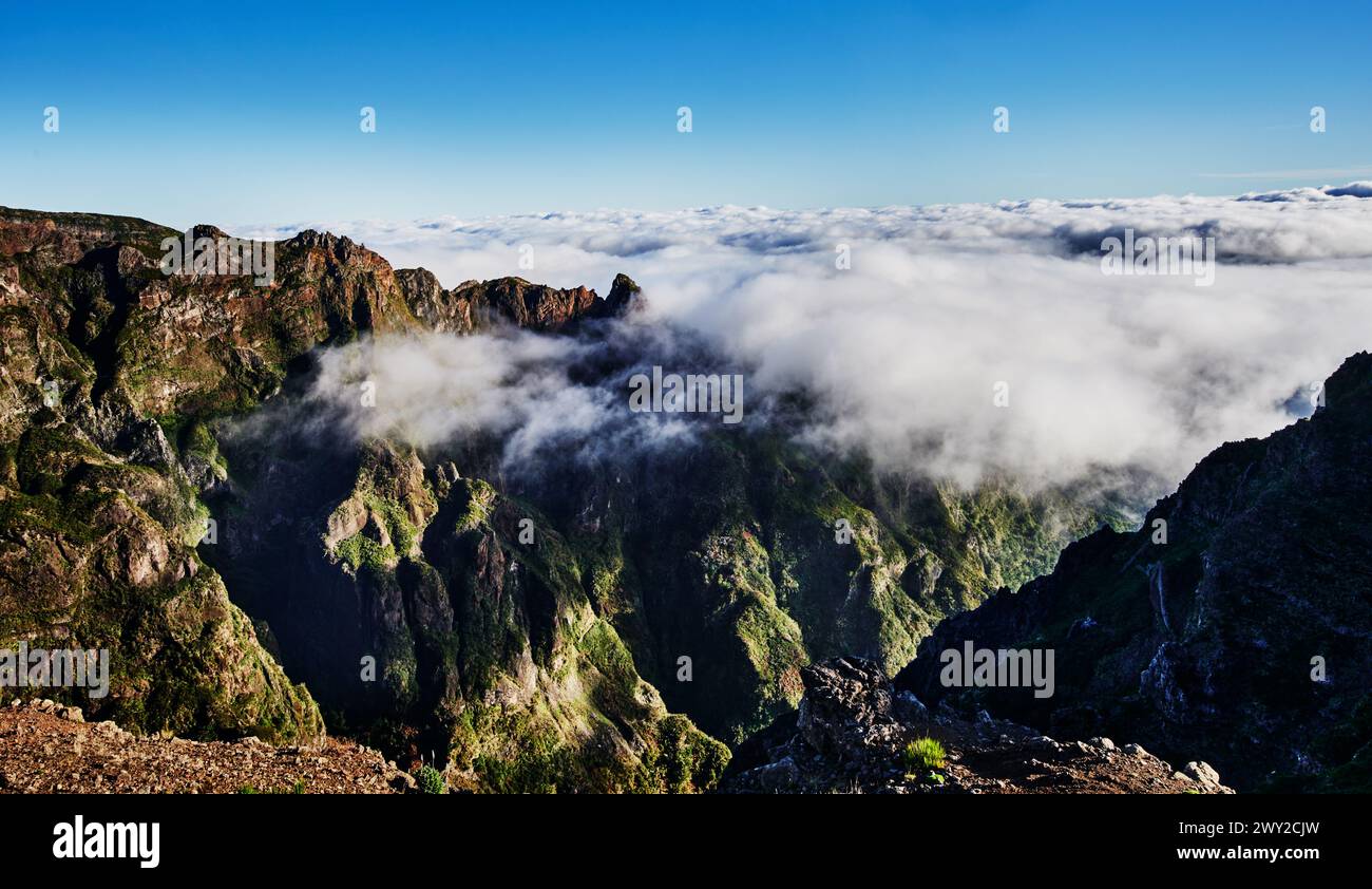 View from the top of PR1 trail,  Pico do Arierio To Pico Ruivo Hike, On Madeira Island, Portugal, Europe Stock Photo