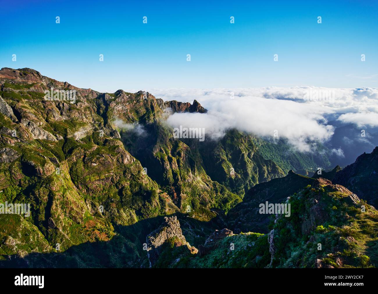 View from the top of PR1 trail,  Pico do Arierio To Pico Ruivo Hike, On Madeira Island, Portugal, Europe Stock Photo