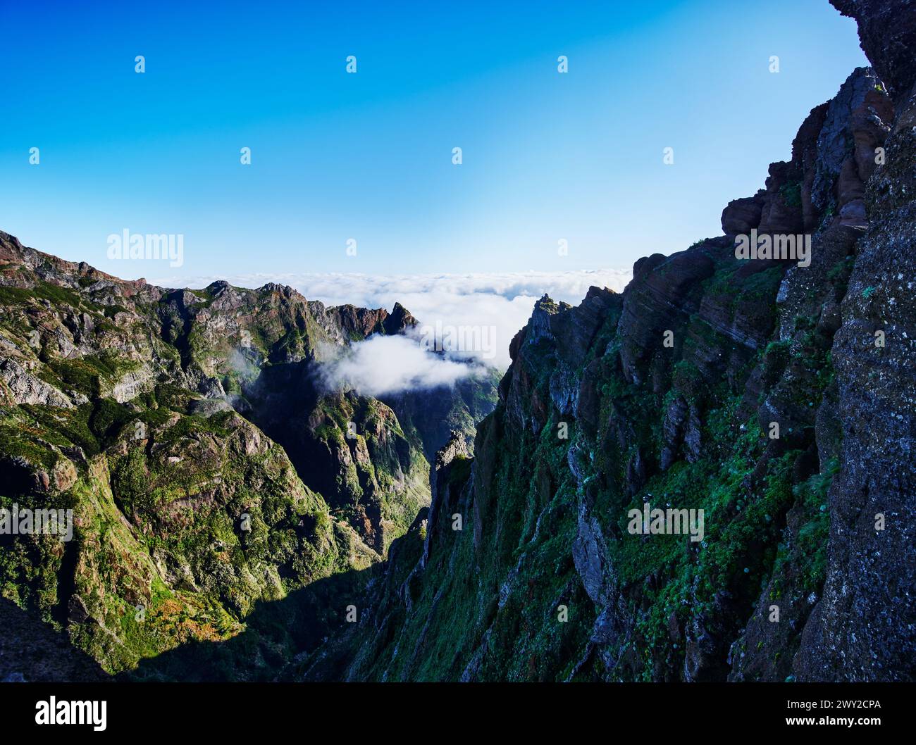 View from the top of PR1 trail,  Pico do Arierio To Pico Ruivo Hike, On Madeira Island, Portugal, Europe Stock Photo