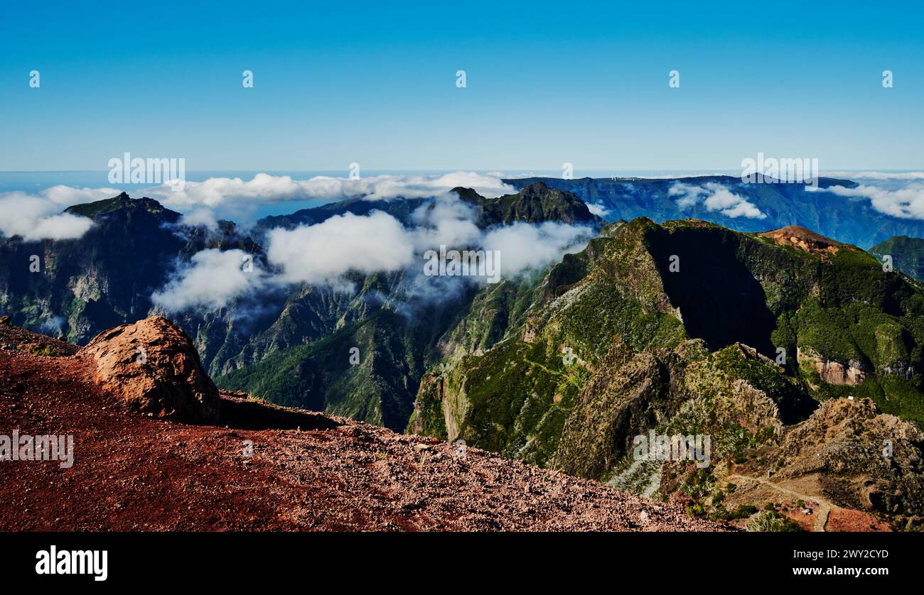 View from the top of PR1 trail,  Pico do Arierio To Pico Ruivo Hike, On Madeira Island, Portugal, Europe Stock Photo