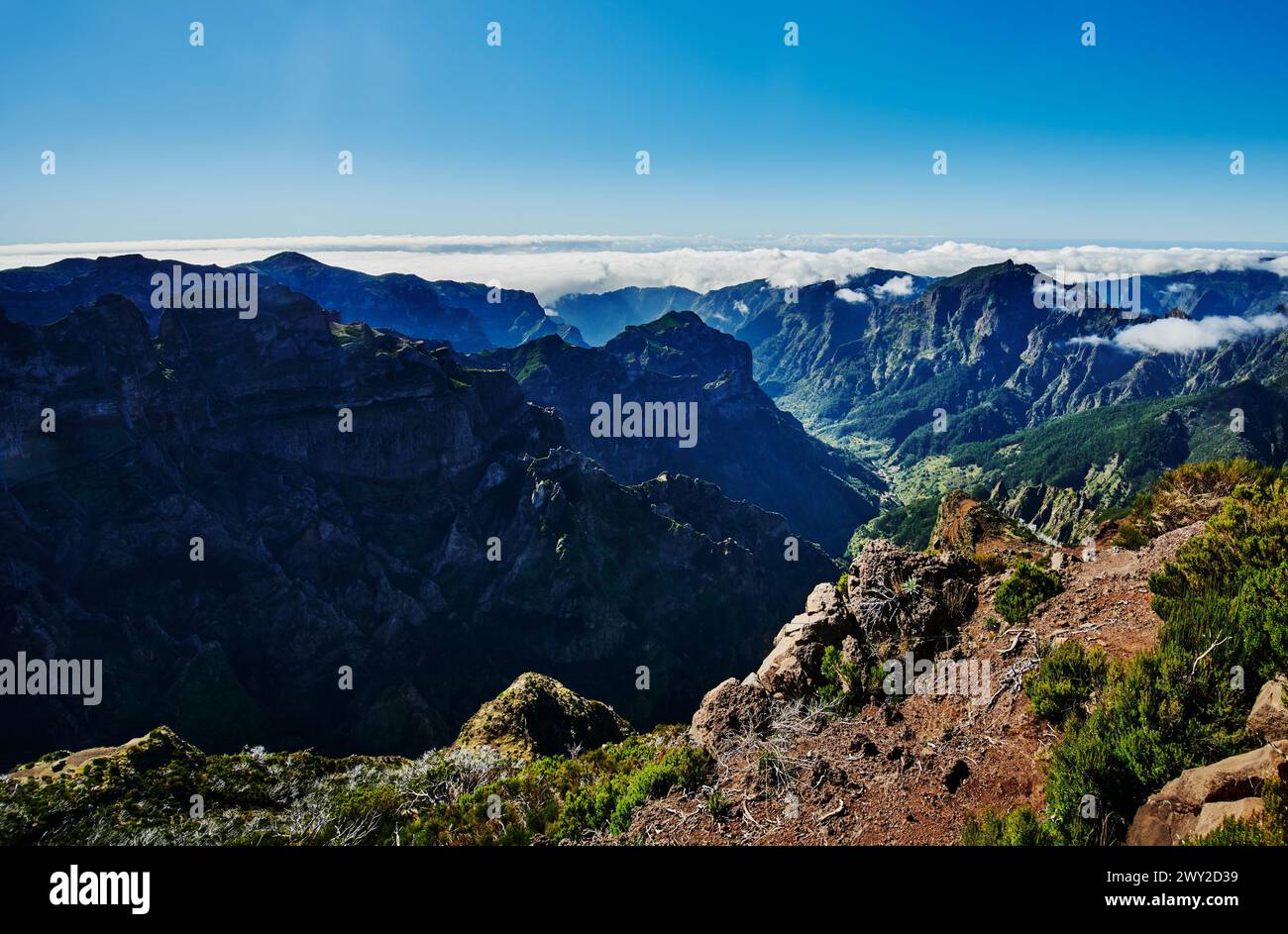 View from the top of PR1 trail,  Pico do Arierio To Pico Ruivo Hike, On Madeira Island, Portugal, Europe Stock Photo