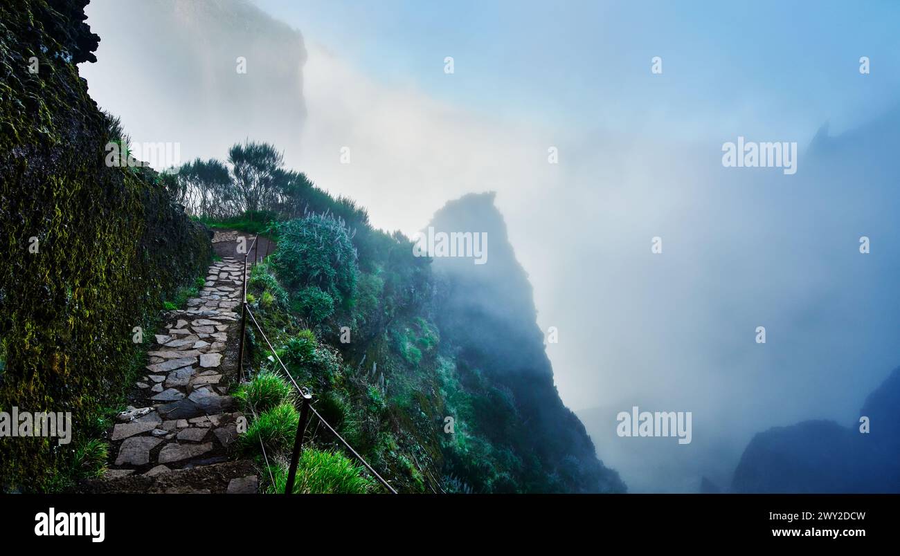 PR1 trail,  Pico do Arierio To Pico Ruivo Hike, On Madeira Island, Portugal, Europe Stock Photo