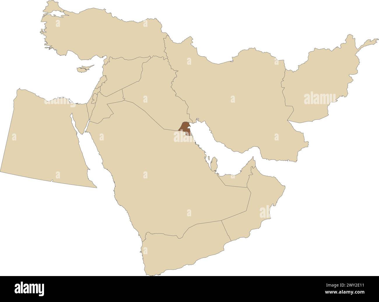 Dark brown map of KUWAIT inside light brown map of the Middle East ...