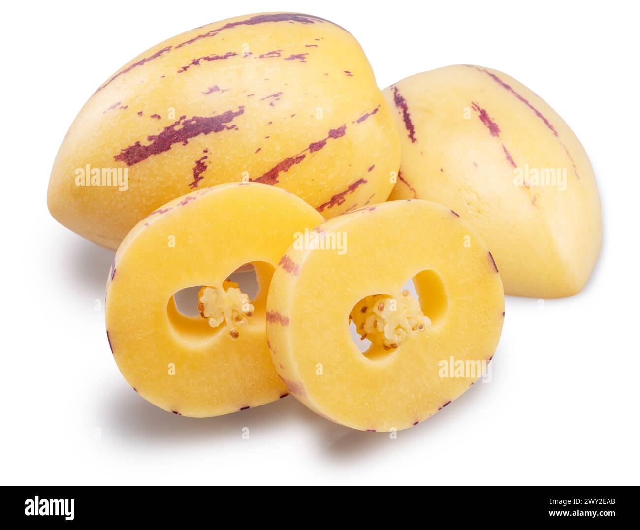 Pepino melon or pepino dulce and sliced fruit isolated on white background. File contains clipping paths. Stock Photo