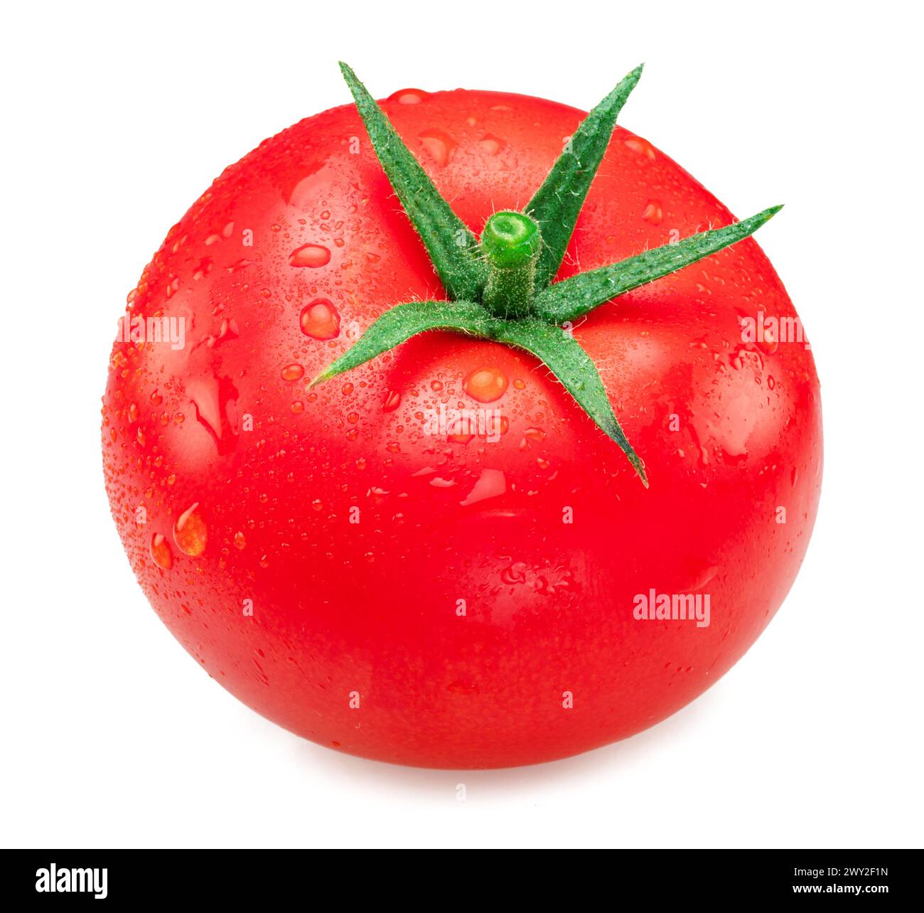 Freshly washed red tomato covered with water drops on white background ...