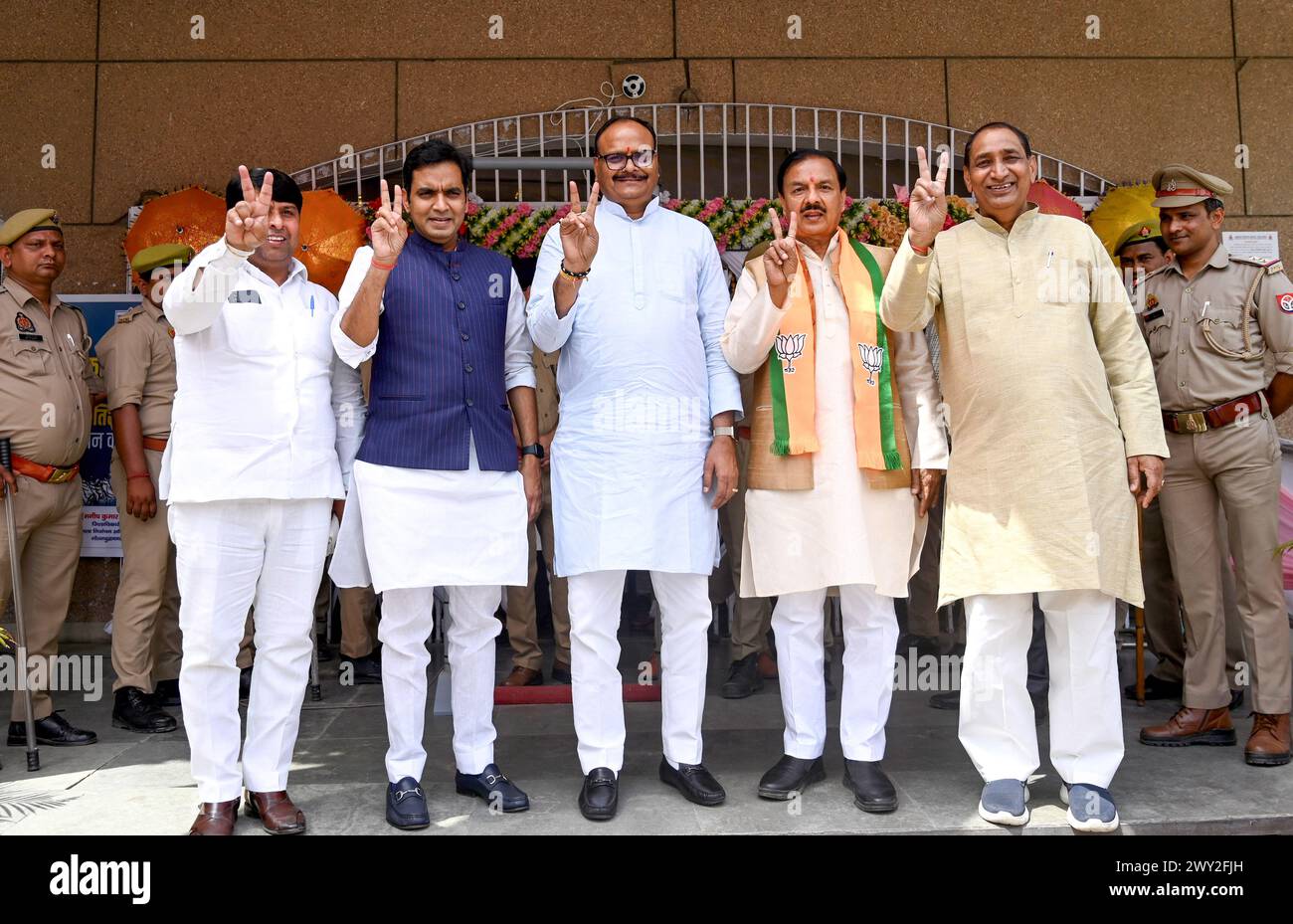 India. 03rd Apr, 2024. GREATER NOIDA, INDIA - APRIL 3: BJP Candidate from Gautam Budh Nagar parliamentary constituency Mahesh Sharma (L4) filed his nomination with Uttar Pradesh Deputy CM Brijesh Pathak (L3), MLA Pankaj Singh (L2) MLA Tejpal Singh Nagar (L5) at Surajpur Collector Office, on April 3, 2024 in Greater Noida, India. (Photo by Sunil Ghosh/Hindustan Times/Sipa USA) Credit: Sipa USA/Alamy Live News Stock Photo