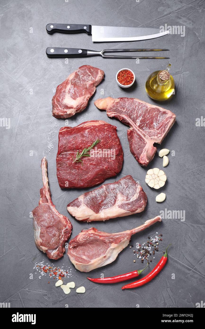 Fresh raw beef cuts, spices and butcher tools on light grey textured ...