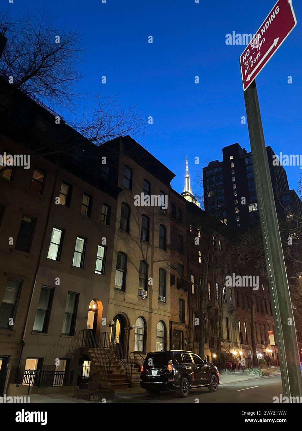 An evening in Murray Hill with the Empire State building lit in the background, E. 37th St. 2024, New York City, USA Stock Photo