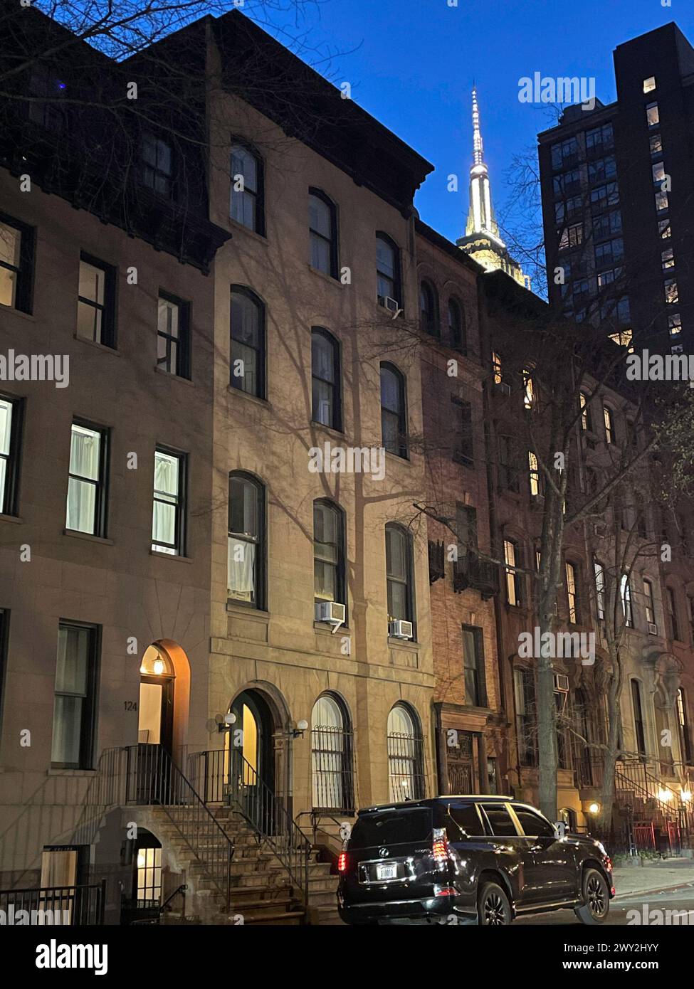 An evening in Murray Hill with the Empire State building lit in the background, E. 37th St. 2024, New York City, USA Stock Photo