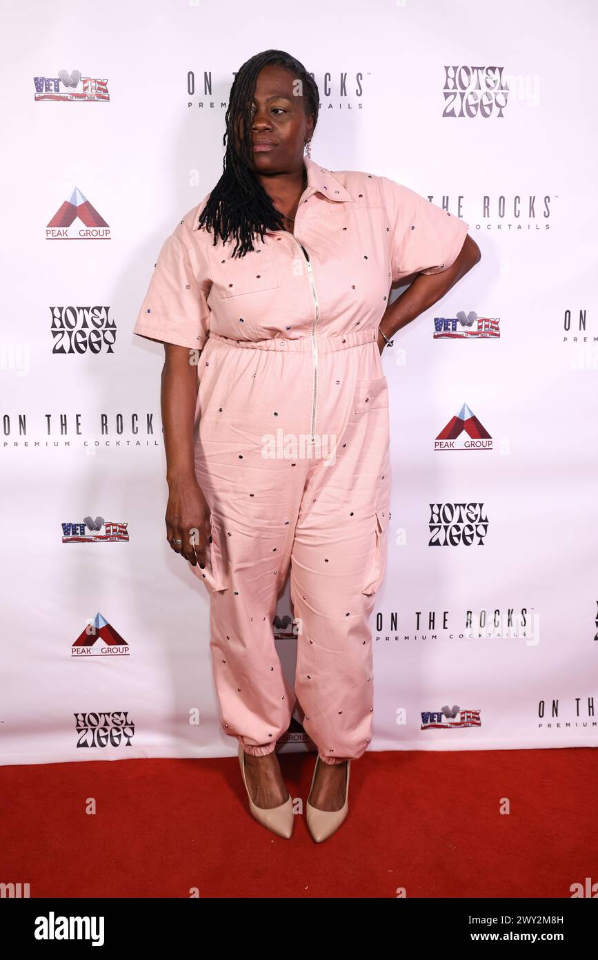 West Hollywood, California, USA. 1st April. 2024. Lavada England, CEO of House of Restoration, attending Lamborghini Presents Cheeky Peakey's Red Carpet Comedy at Hotel Ziggy in West Hollywood, California. Credit: Sheri Determan Stock Photo