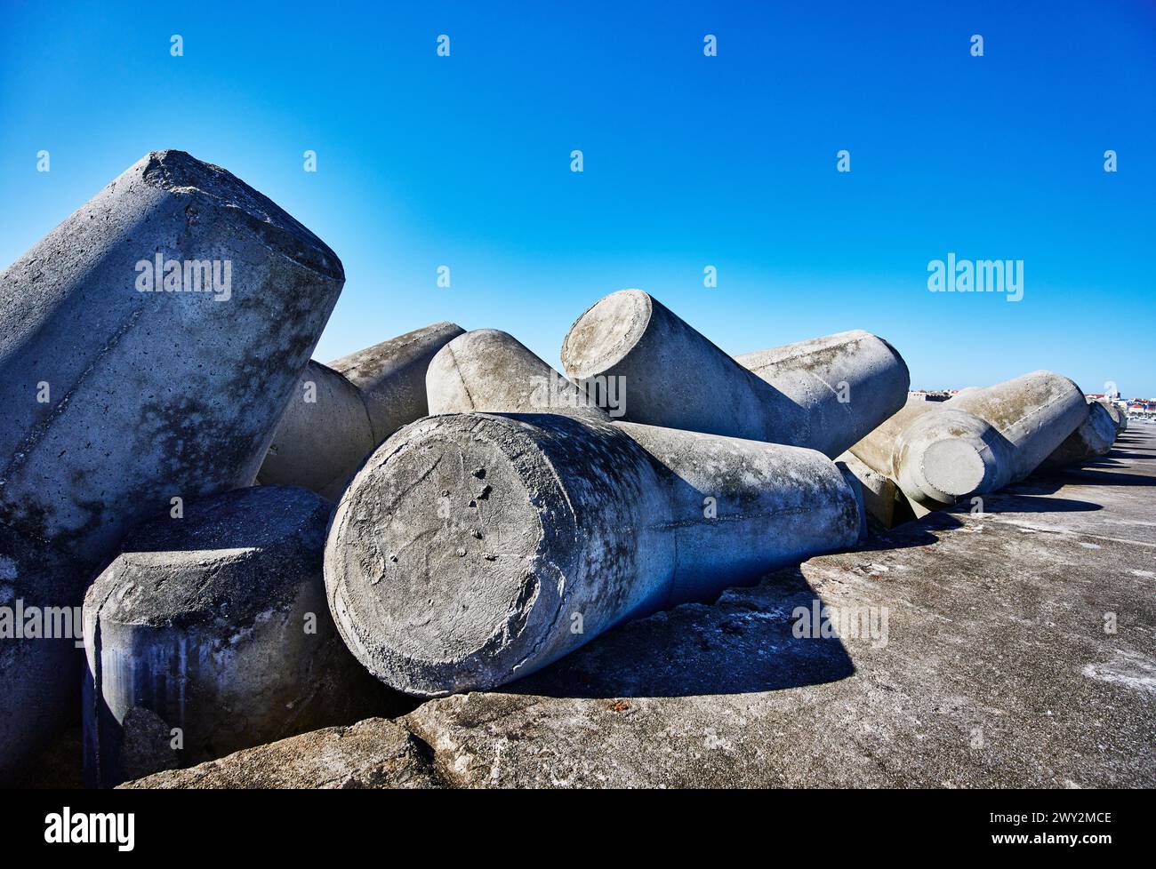 Concrete tetrapod wave breakers in Penche, Portugal, Europe Stock Photo