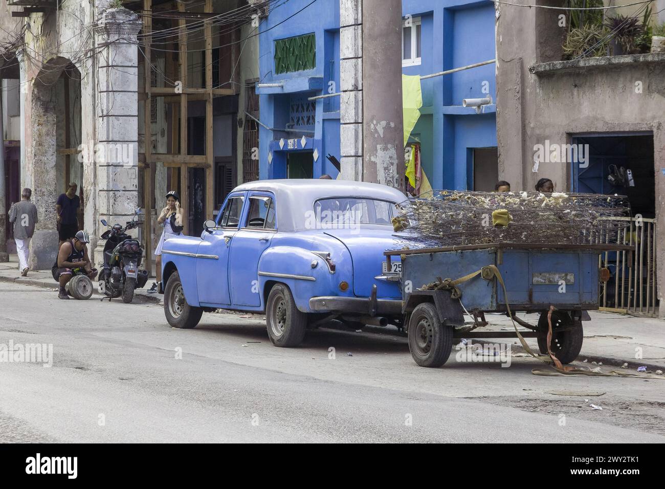 Old American car with trailer, Havana, Cuba Stock Photo