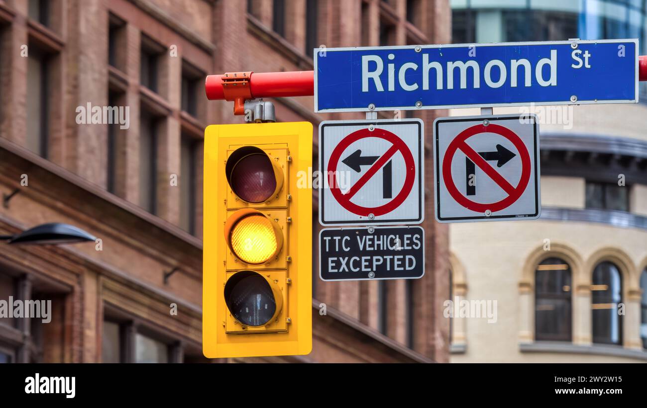 Stop light and street sign in Richmond Street, Toronto, Canada Stock Photo