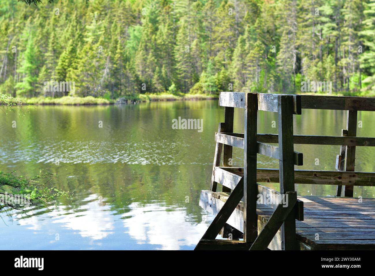 Observatory platform on lake side. Calm lake with wood platfrom. Stock Photo