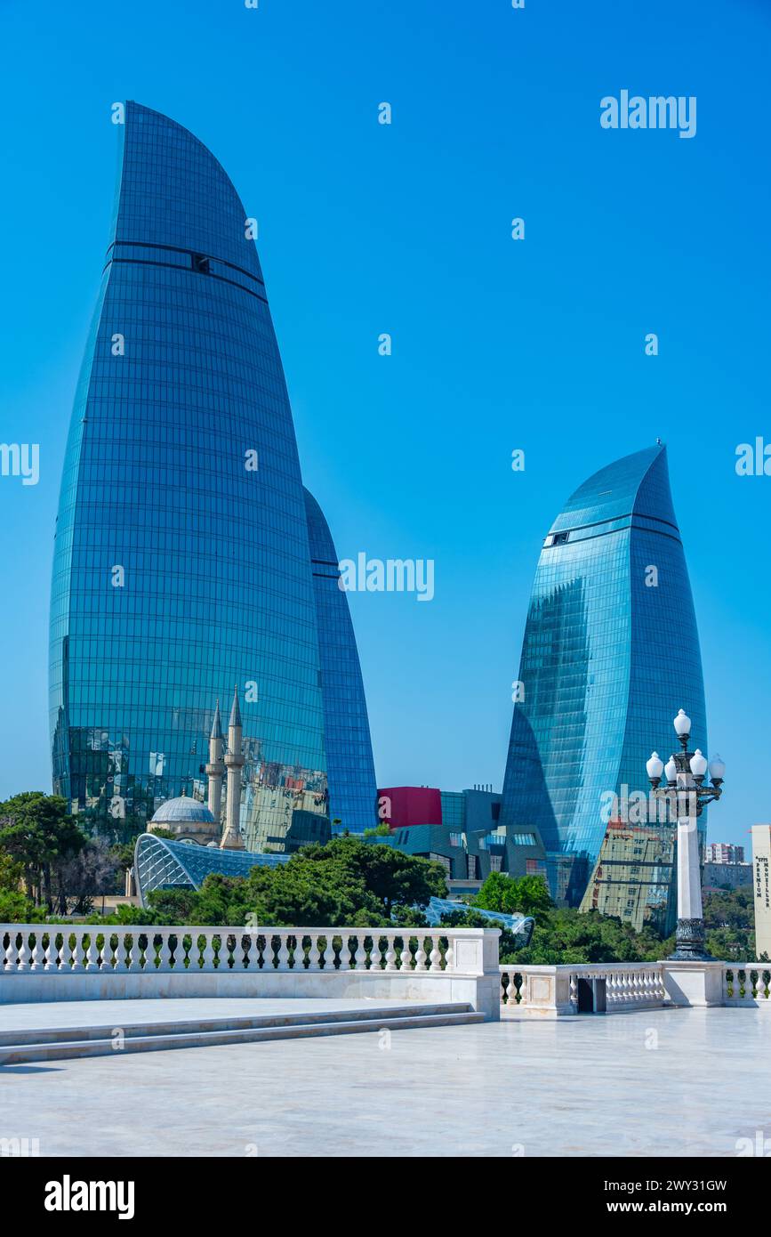 Flame towers during a sunny day in Baku, Azerbaijan Stock Photo