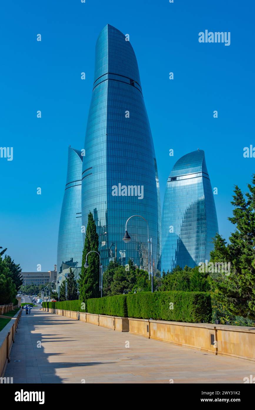 Flame towers during a sunny day in Baku, Azerbaijan Stock Photo