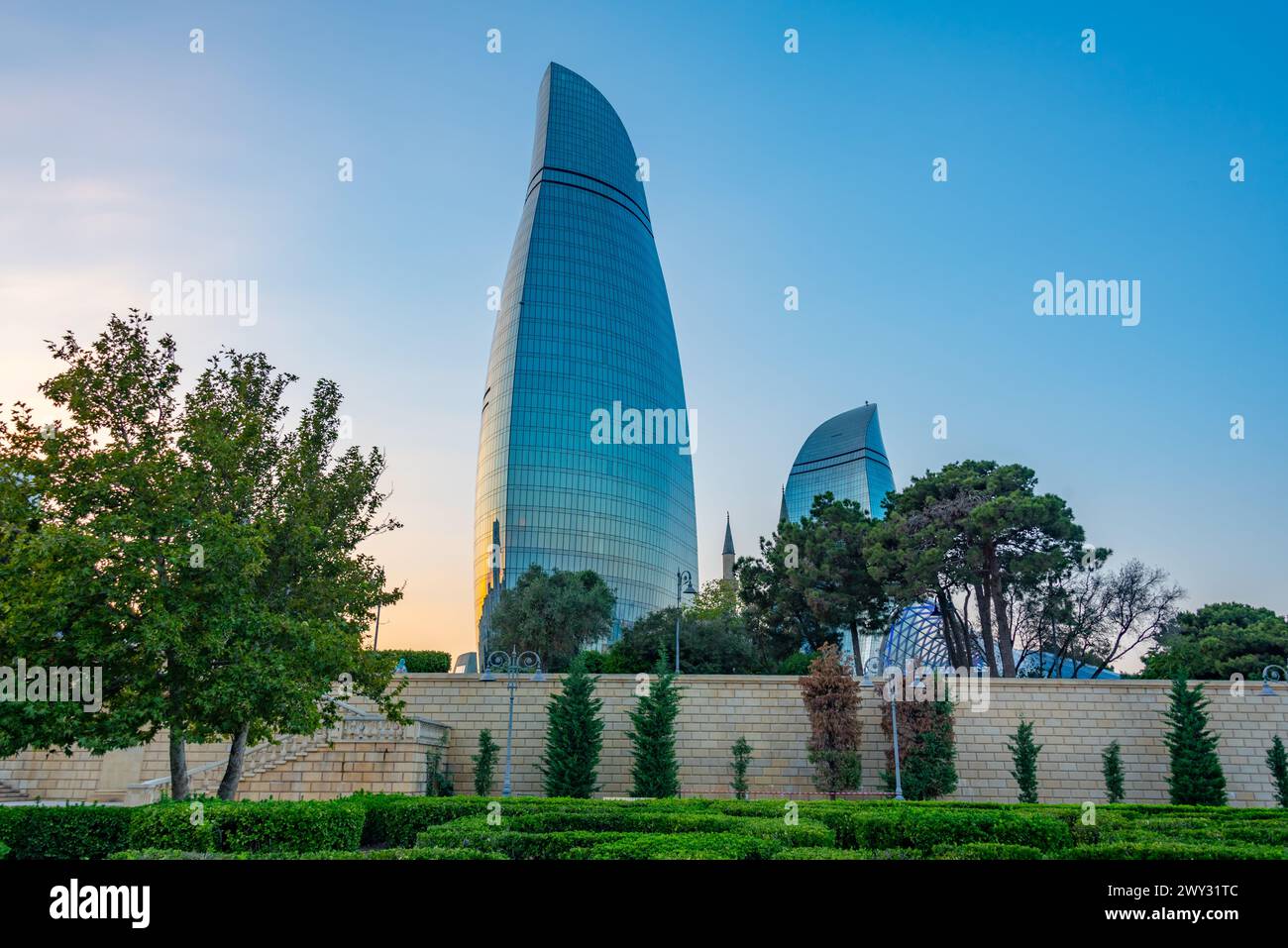 Sunset view of Flame towers in Baku, Azerbaijan Stock Photo