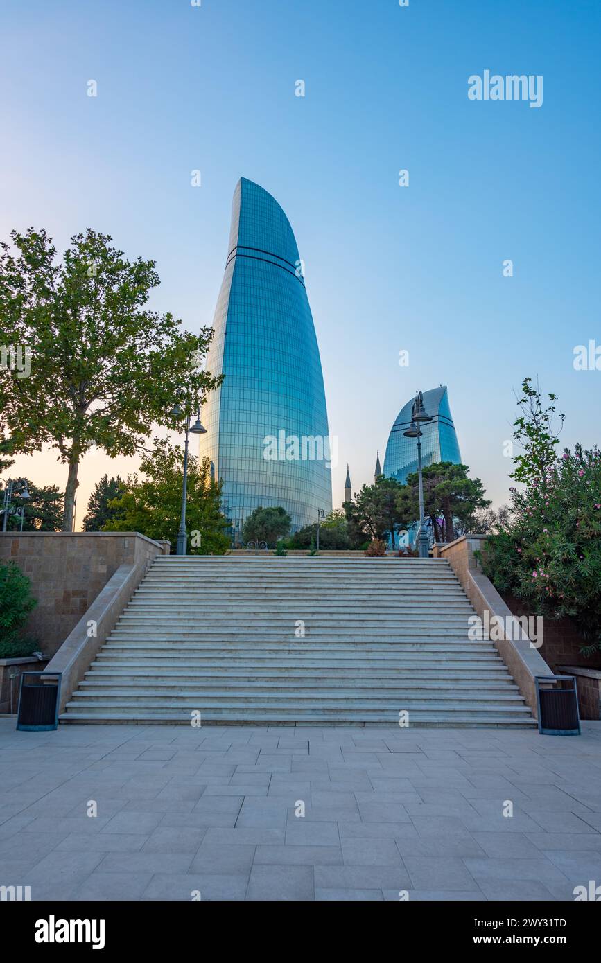 Sunset view of Flame towers in Baku, Azerbaijan Stock Photo