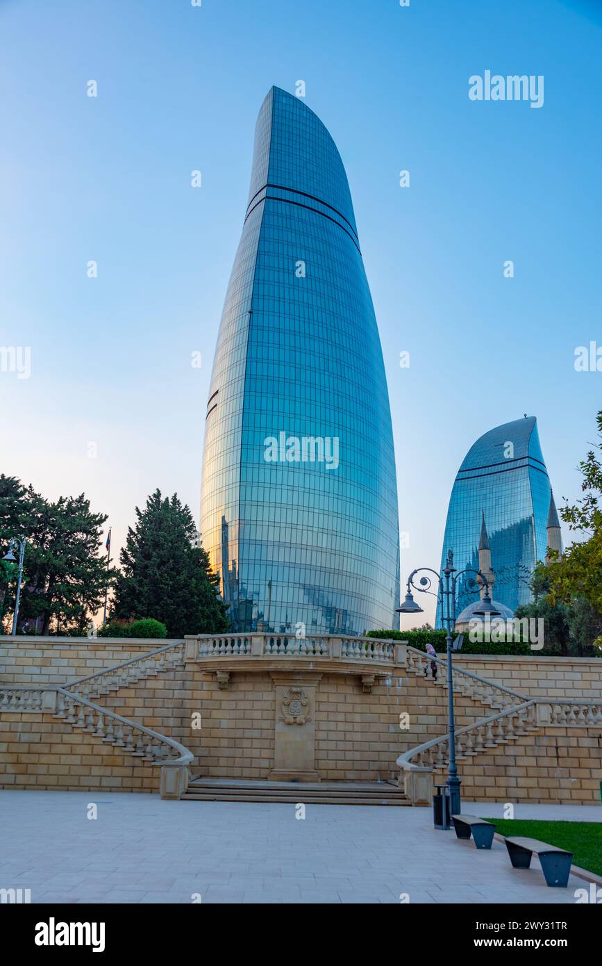 Sunset view of Flame towers in Baku, Azerbaijan Stock Photo
