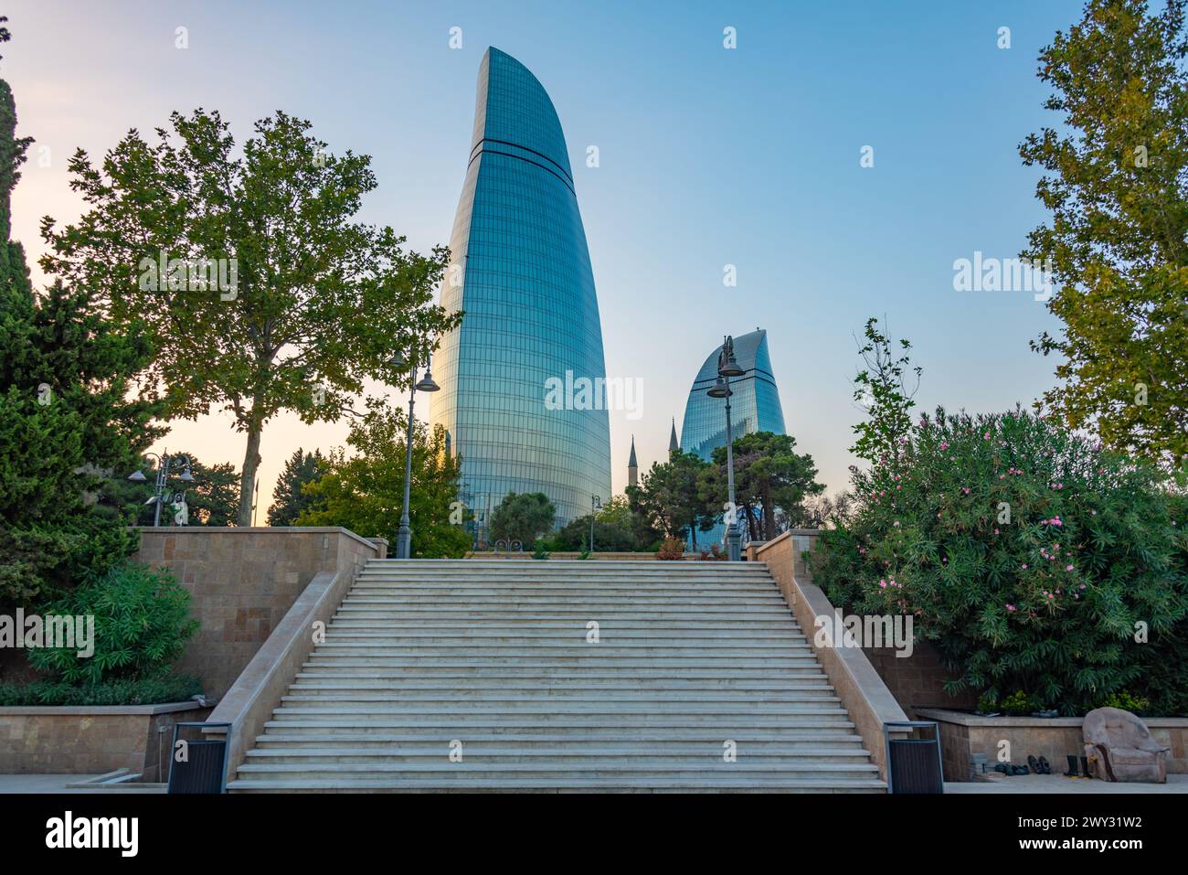 Sunset view of Flame towers in Baku, Azerbaijan Stock Photo