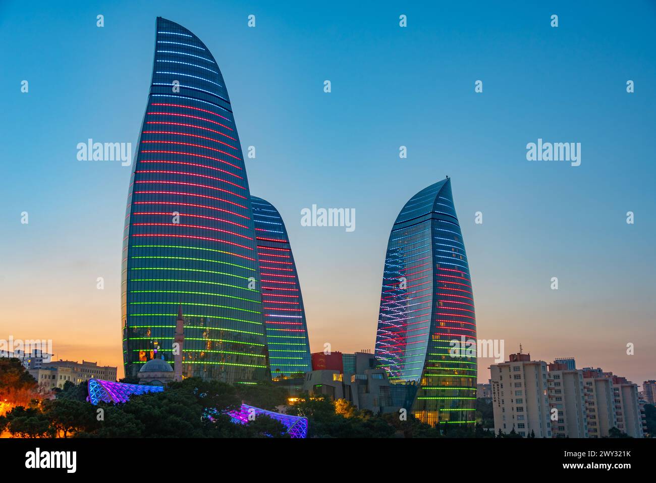 Sunset view of Flame towers in Baku, Azerbaijan Stock Photo