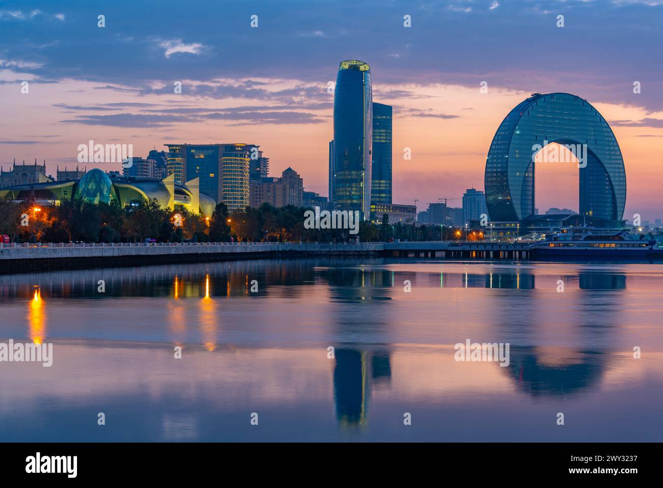 Sunrise at the waterfront of Baku, Azerbaijan Stock Photo