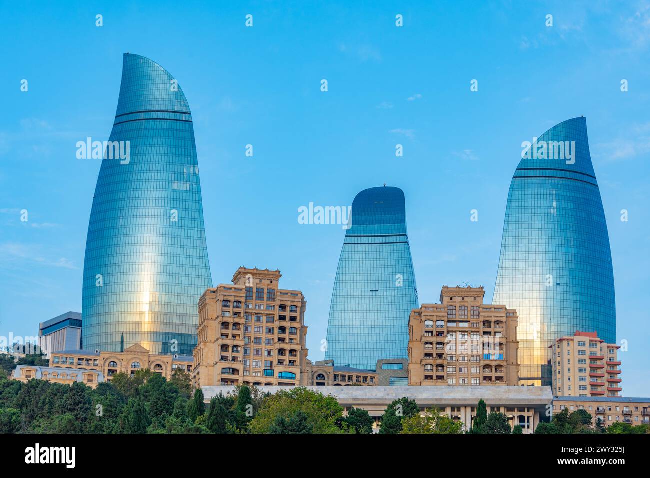 Flame towers domainating the skyline of Baku, Azerbaijan Stock Photo