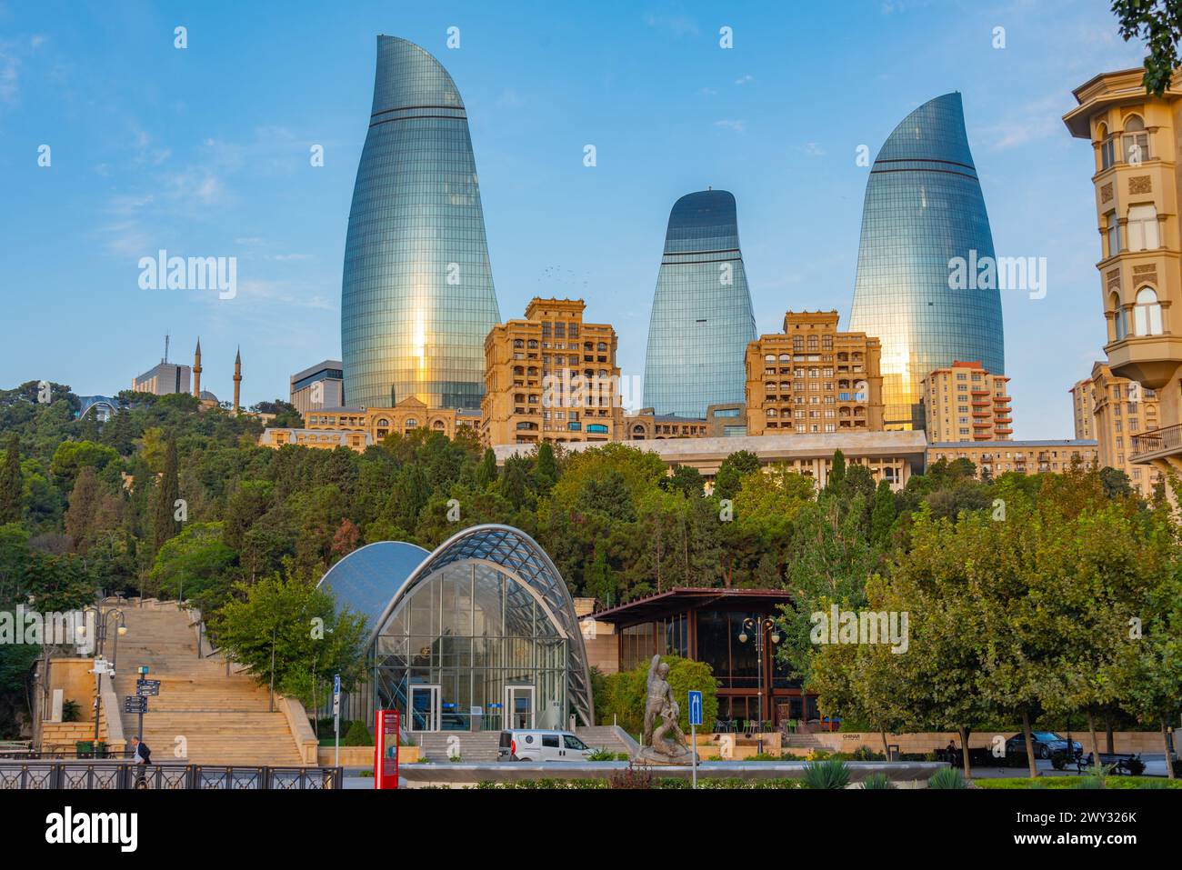 Sunrise view of Flame towers and funicular station of Baku, Azerbaijan Stock Photo