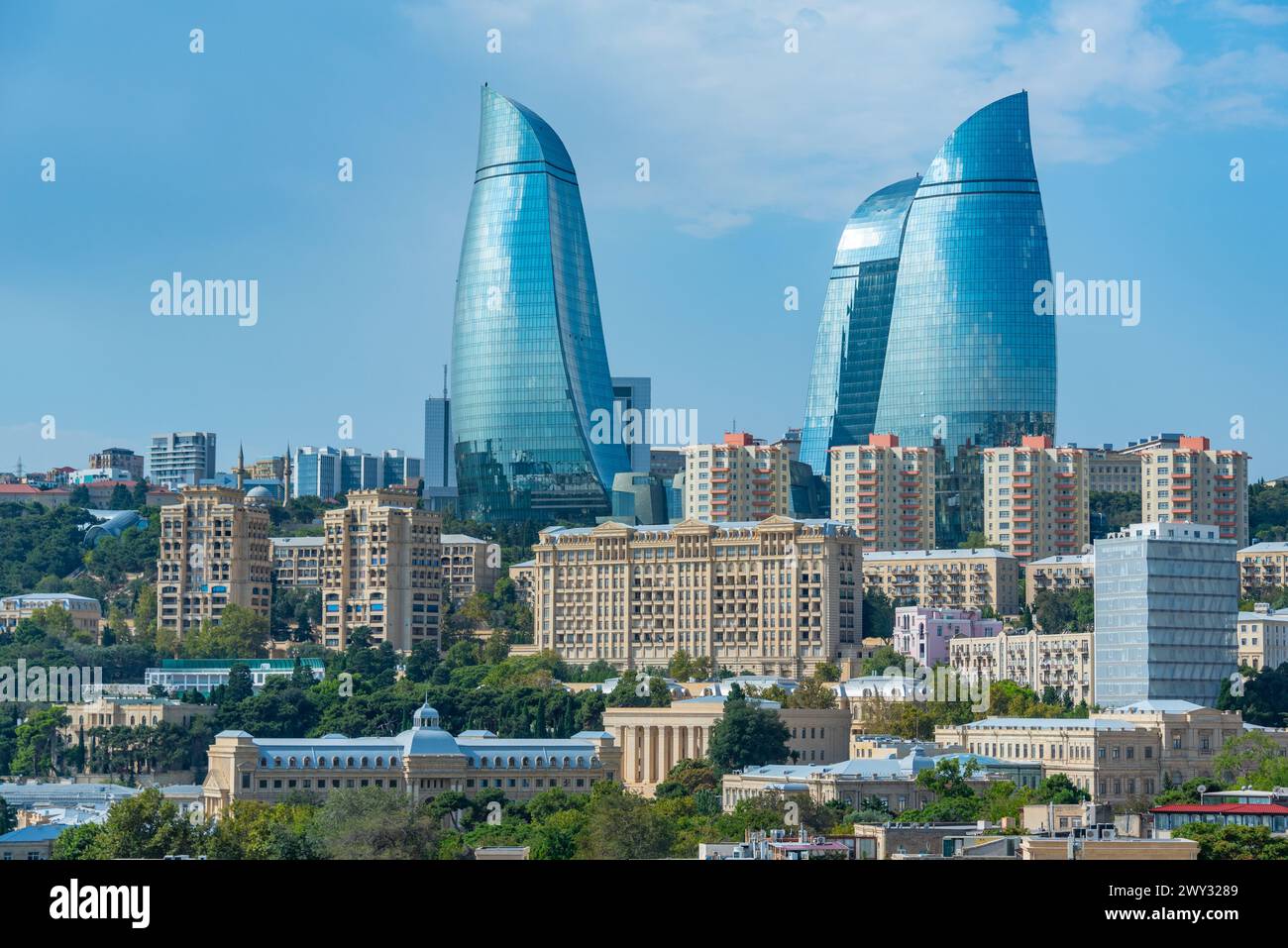Flame towers domainating the skyline of Baku, Azerbaijan Stock Photo