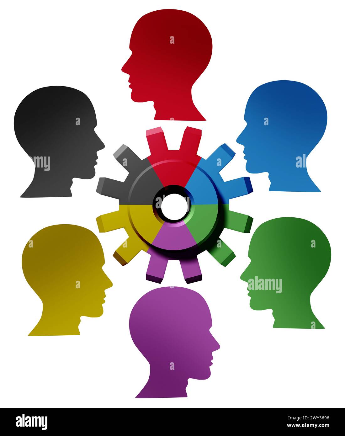 Business Group Management and team collaboration as a global community united as a cog representing employees and inclusion or belonging. Stock Photo
