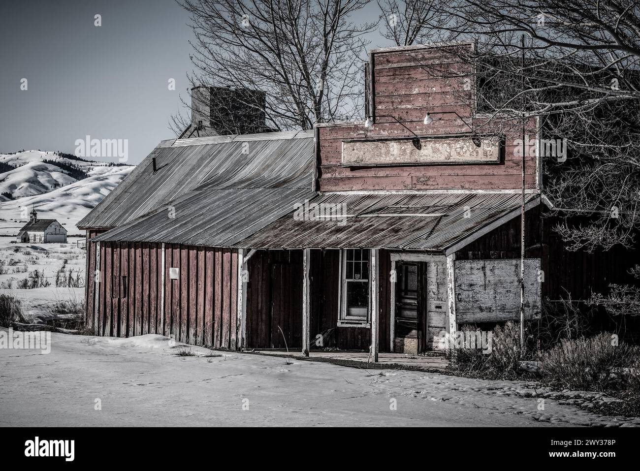 The abandoned Corral Store in Corral, Idaho. Stock Photo