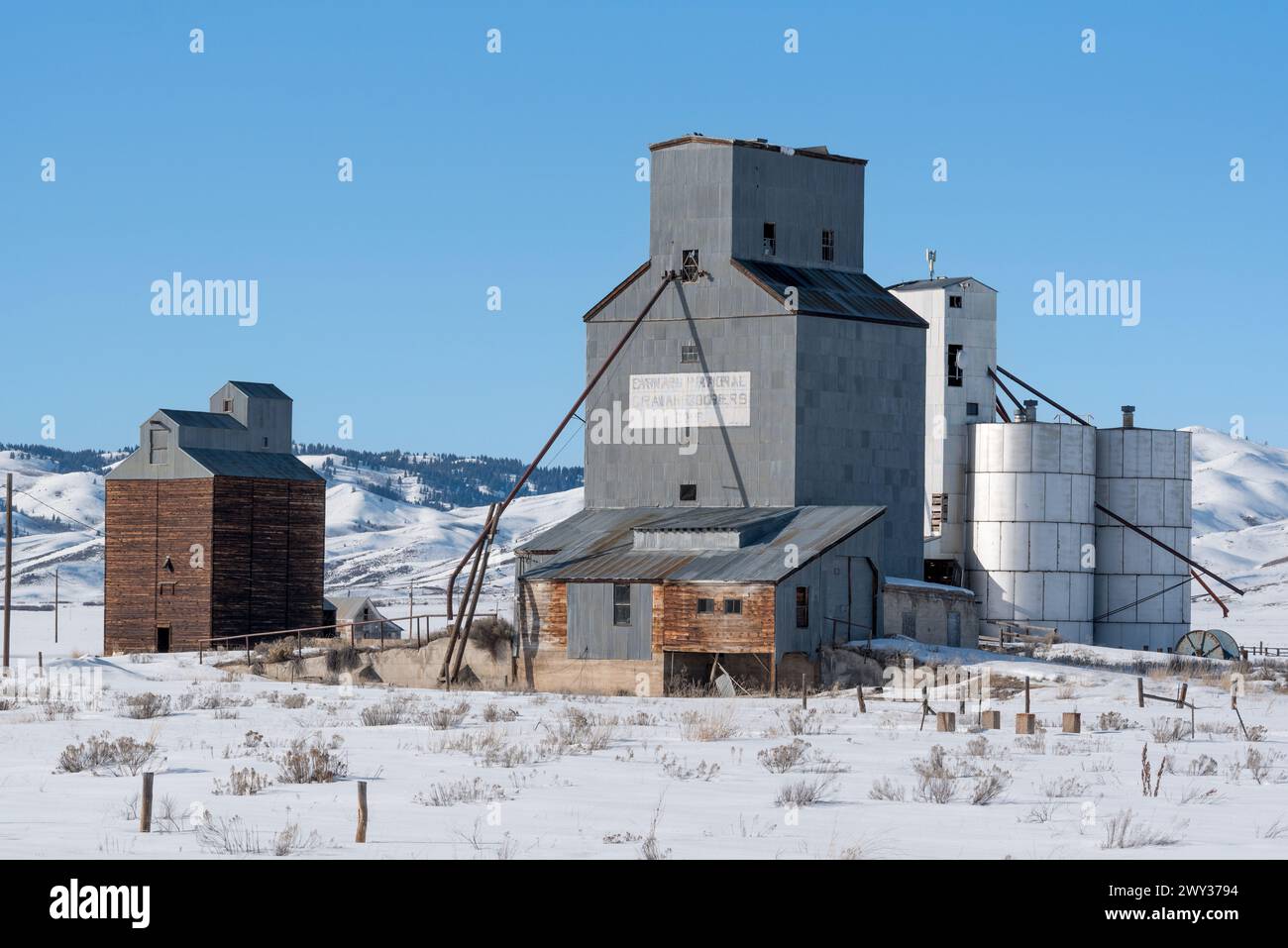 Grain elevators in Corral, Idaho. Stock Photo