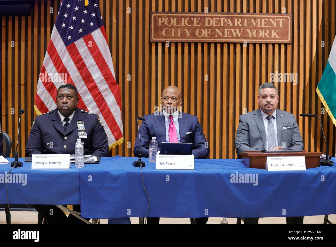 One Police Plaza, New York, USA, April 03, 2024 - Mayor Eric Adams joins New York City Police Department (NYPD) Commissioner Edward Caban and NYPD Leadership to announce city-wide crime stats for the first quarter of 2024 today in New York City. Photo: Luiz Rampelotto/EuropaNewswire Editorial Use Only. Not for Commercial USAGE! Stock Photo