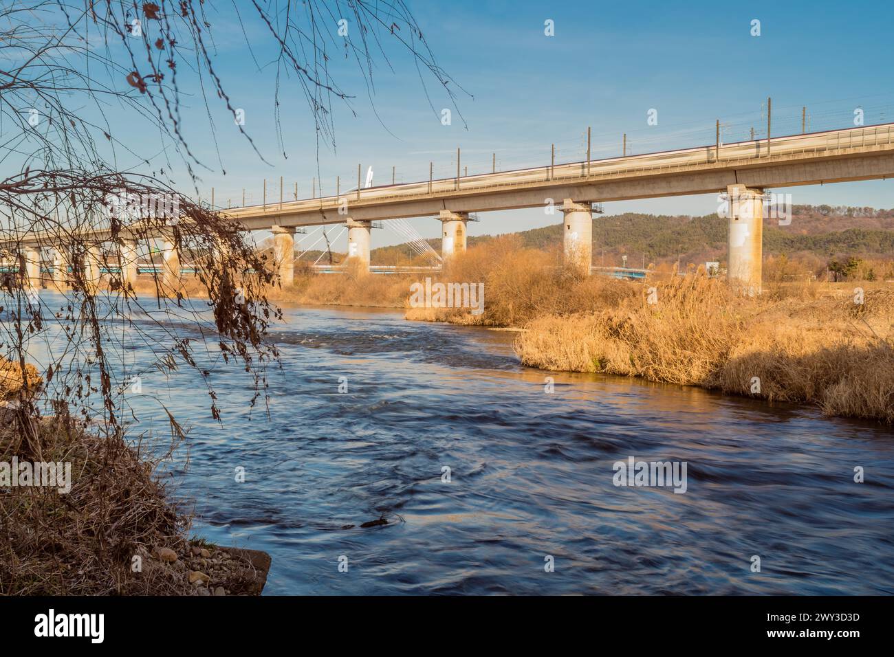 High speed train traveling on rail bridge over river under blue sky. Train blurred due to slow shutter speed in South Korea Stock Photo