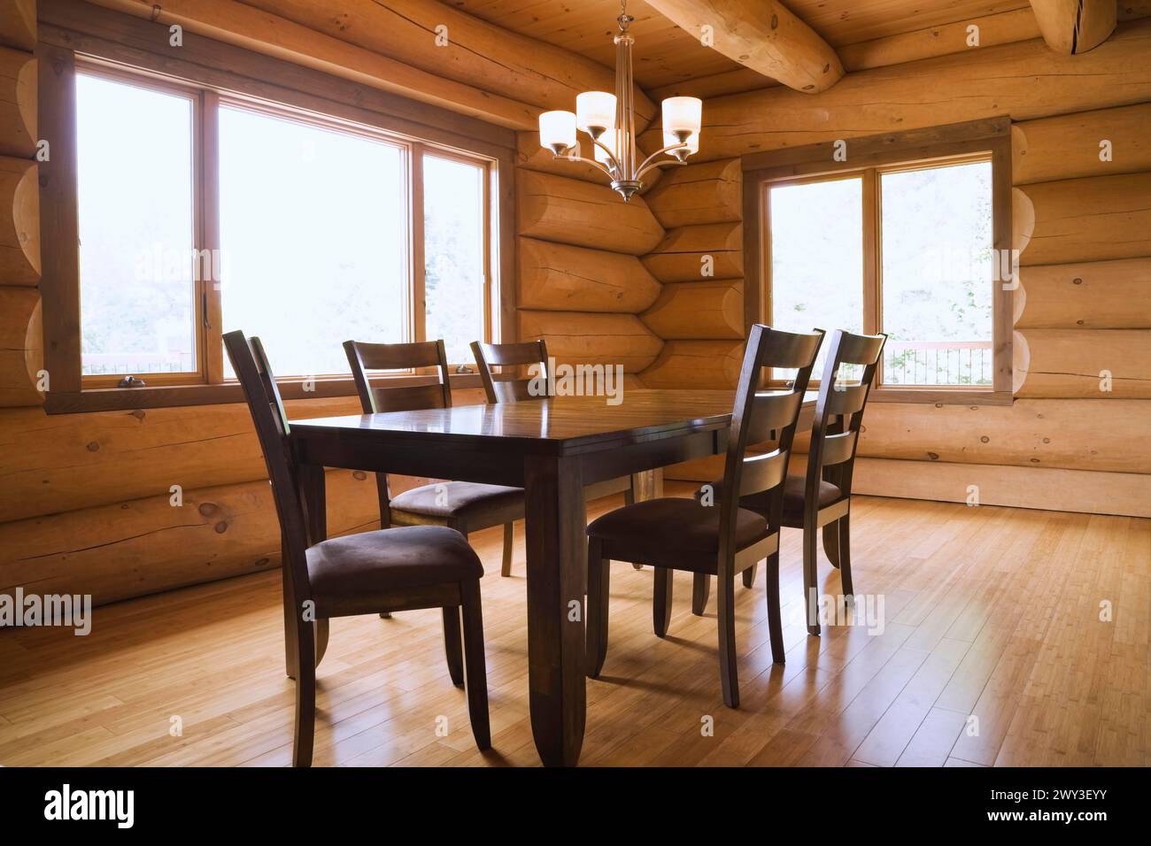 Dark brown stained wooden table and upholstered seat high back chairs in dining room with illuminated chandelier and varnished floor boards inside Stock Photo