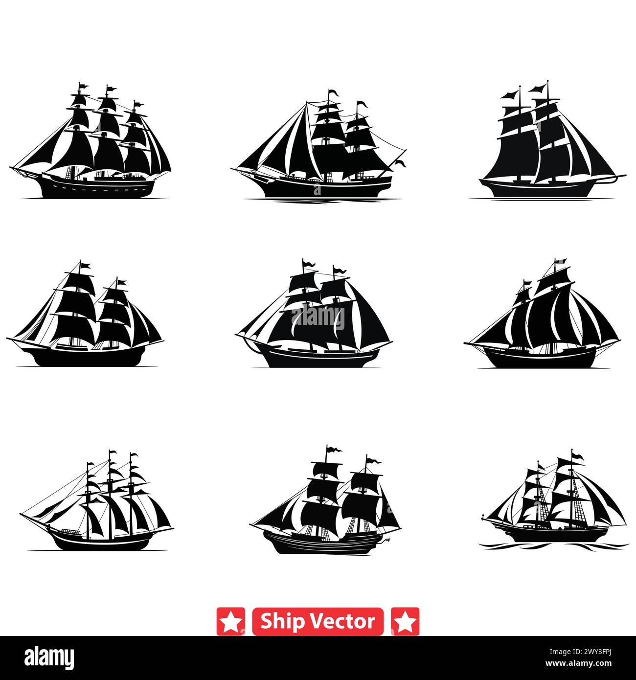 Sailing into the Unknown  Enigmatic Ship Silhouettes Symbolizing Courage and Discovery Stock Vector