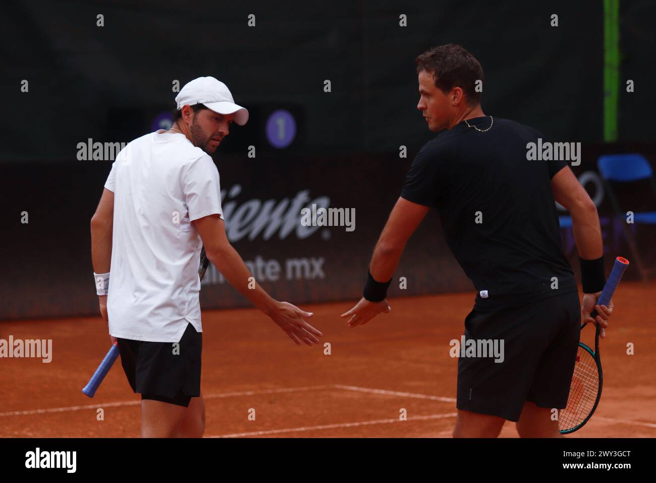 Mexico City, Mexico. 03rd Apr, 2024. Apr 3, 2024, Mexico City, Mexico: Vasek Pospisil (HRV) and Hans Hach Verdugo (MEX) celebrating during the doubles match against Marc Kiser (USA) and Matías Soto (CHL) during the Day 4 of the Mexico City Open at Deportivo Chapultepec. on Apr 3, 2024, Mexico City, Mexico. (Photo by Carlos Santiago/Eyepix Group/Sipa USA) Credit: Sipa USA/Alamy Live News Stock Photo