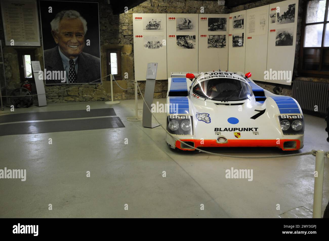 Deutsches Automuseum Langenburg, A white Joest racing car with Shell advertising in an automotive history exhibition, Deutsches Automuseum Stock Photo