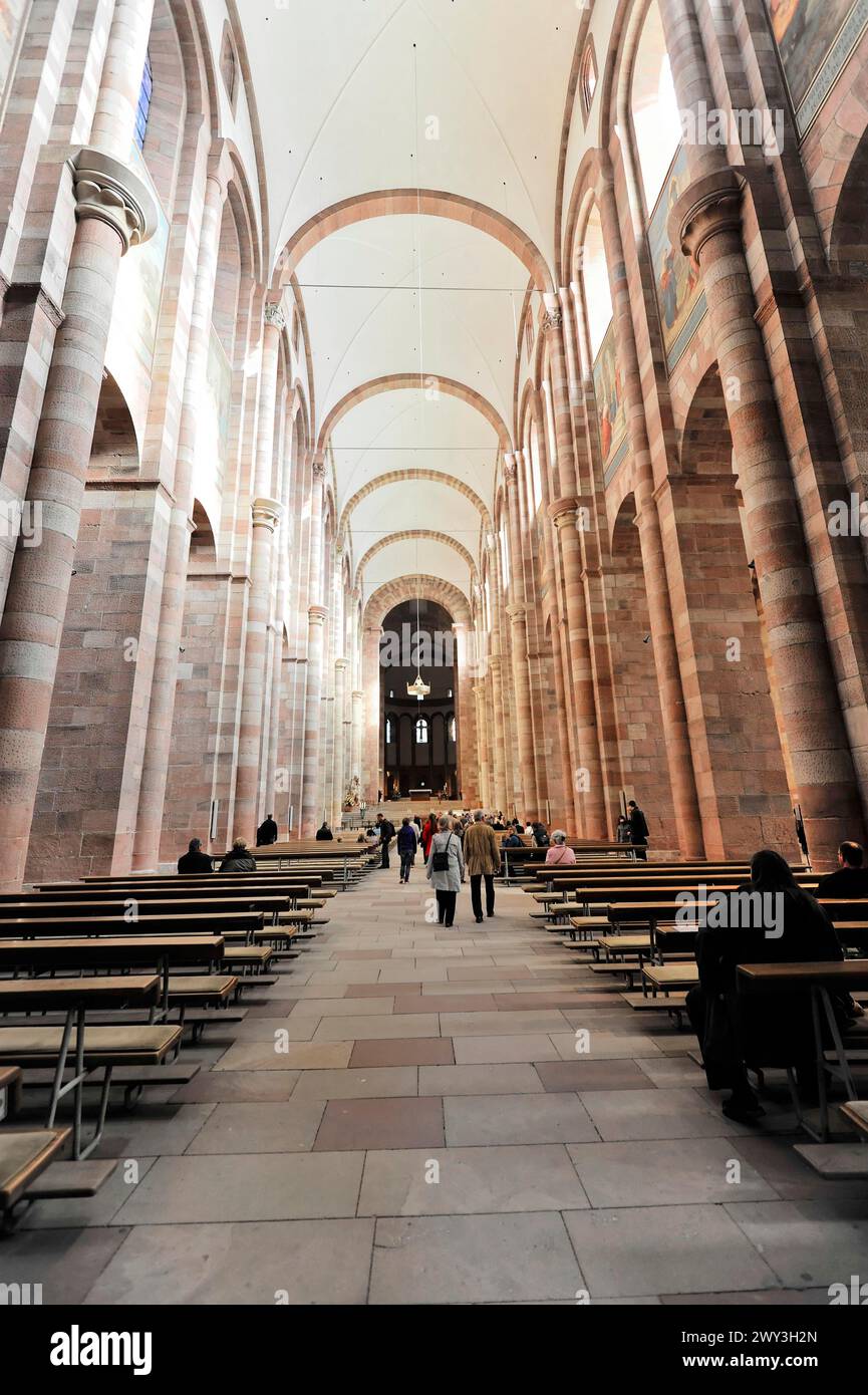 Speyer Cathedral, interior view of a church with pews and columns, soft light falls through the windows, Speyer Cathedral, Unesco World Heritage Stock Photo