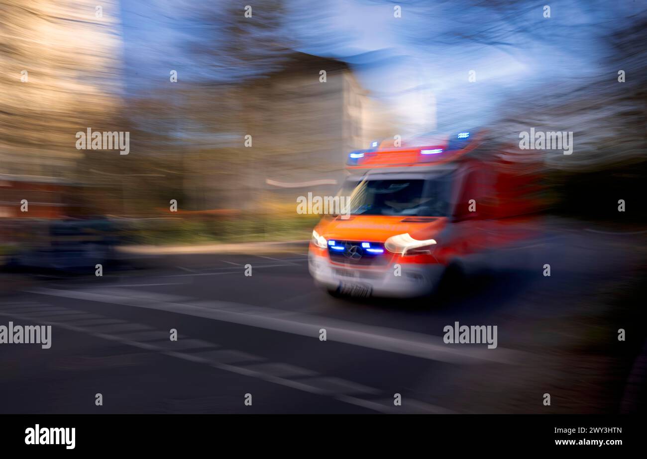 Emergency doctor, emergency ambulance, RTW, ambulance, rescue, ambulance, movement effect, wipe effect, speed, blue light, operation, Frankfurt am Stock Photo