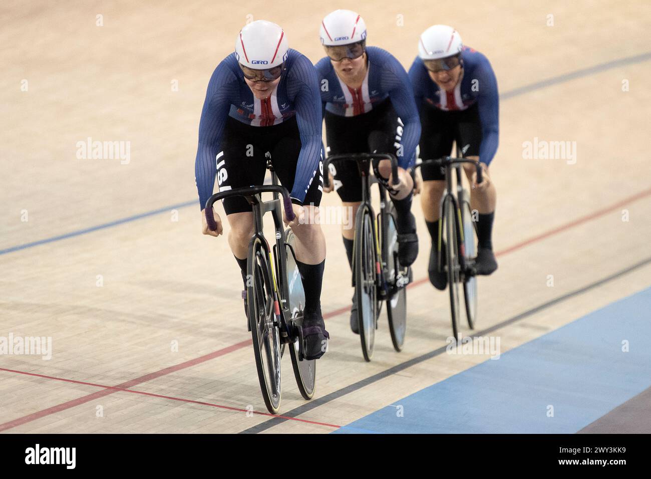 Los Angeles, California, USA. 3rd Apr, 2024. US women's team sprint wins the bronze medal. (L-R) Keely Ainslie, Kayla Hankins and Mandy Marquardt. Credit: Casey B. Gibson/Alamy Live News Stock Photo