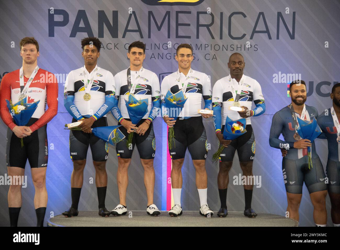 Los Angeles, California, USA. 3rd Apr, 2024. The Colombian men's team sprint gold medal winners on the podium. Credit: Casey B. Gibson/Alamy Live News Stock Photo